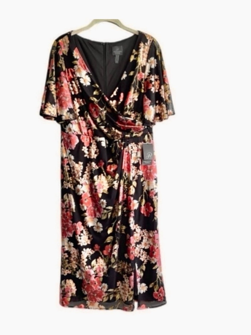 NEW Adrianna Papell Flutter Sleeve Cocktail Dress Foil Florals Black Size 14P - Picture 2 of 15